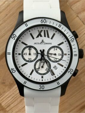 Jacques Lemans Rare Chronograph Men’s Watch Matte Black Case White Dial Strap